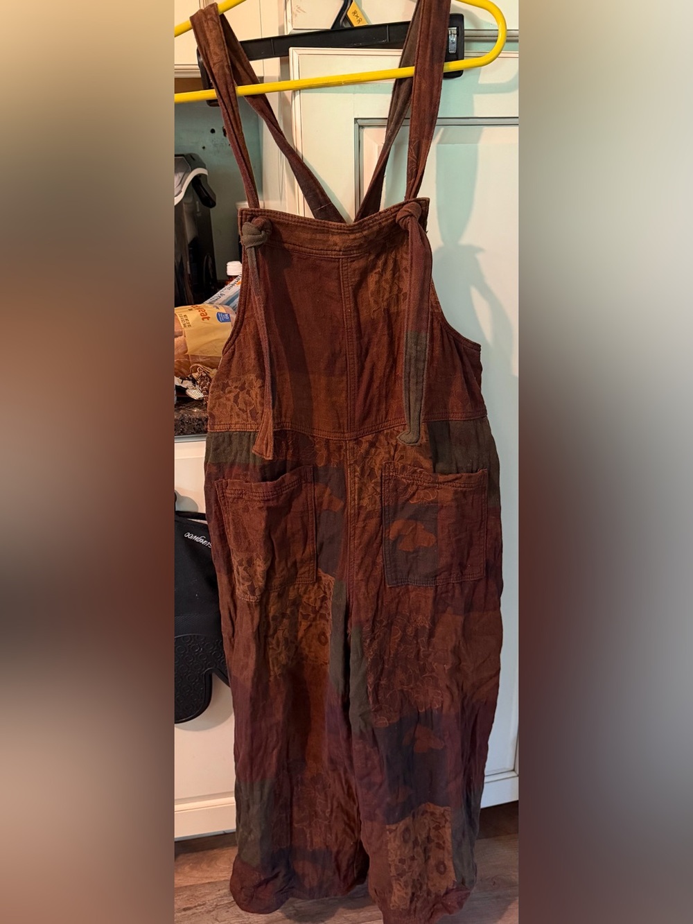 easel Brown & Olive Patchwork Overalls Jumpsuit